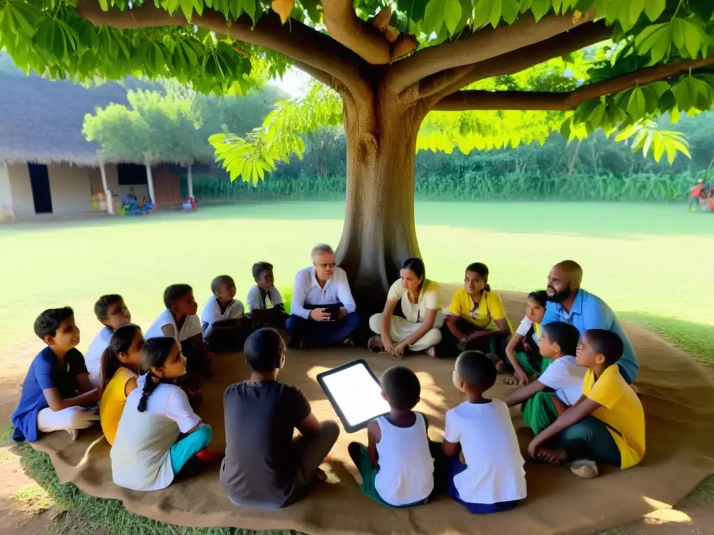 Un grupo de voluntarios y niños de una ONG escuchando con asombro a un cuentacuentos que utiliza plataformas digitales para contar historias