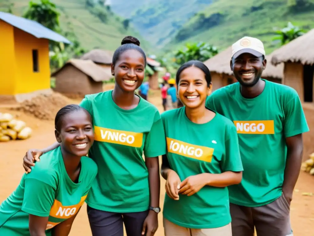 Un grupo de voluntarios de una ONG realizando actividades de servicio comunitario en una aldea remota