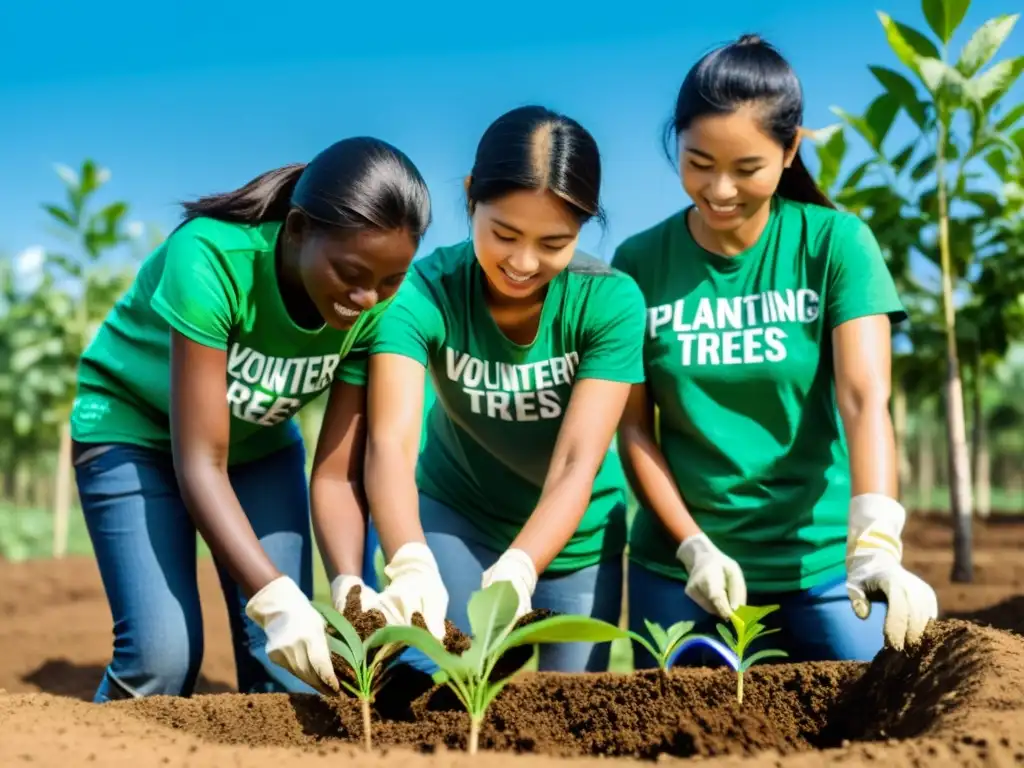 Un grupo de voluntarios de una ONG ambiental plantando árboles en una zona deforestada, destacando la belleza serena de la nueva vegetación