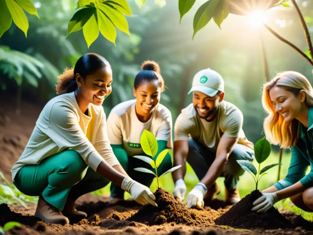 Un grupo de voluntarios de una ONG ambiental plantando árboles en un bosque exuberante, creando un impacto positivo en el medio ambiente