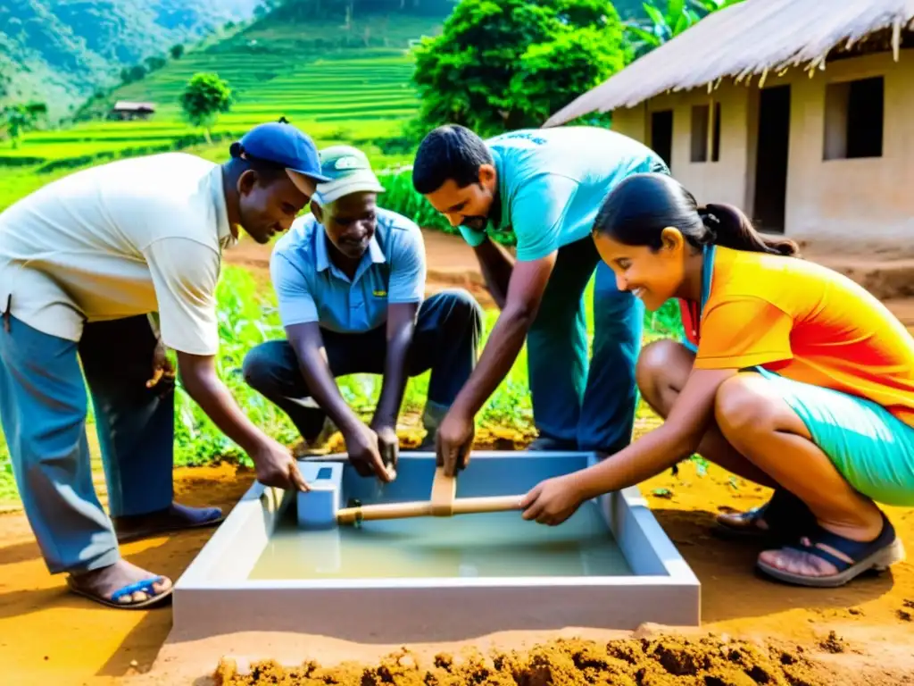 Un grupo de voluntarios de una ONG trabaja con la comunidad local para construir un sistema de filtración de agua sostenible en una aldea rural