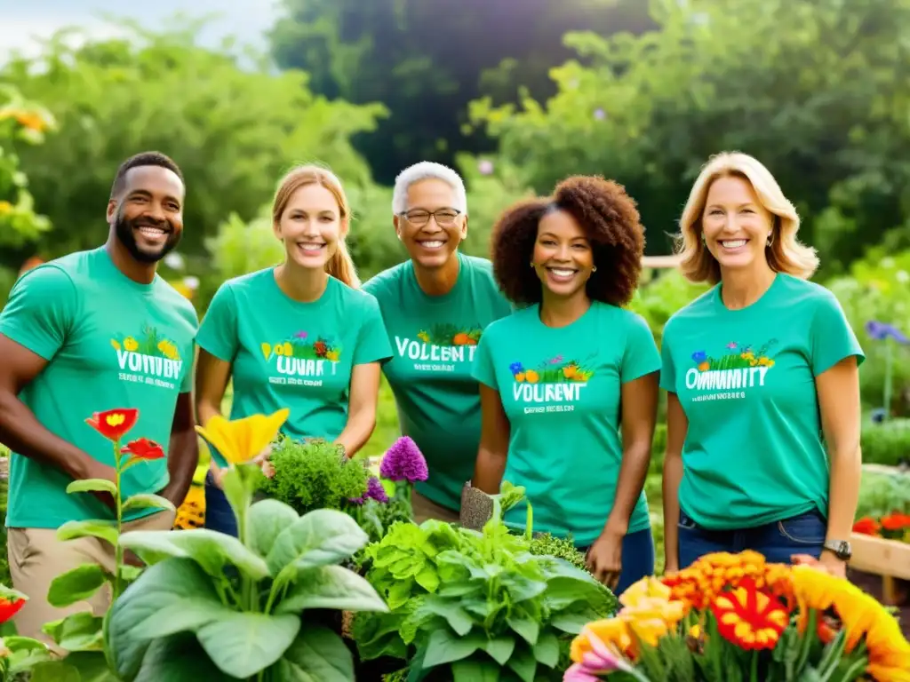 Grupo de voluntarios de una ONG trabajando en un jardín comunitario, rodeados de verdor y flores