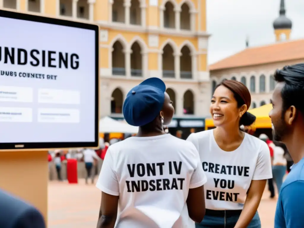 Un grupo de voluntarios de una ONG organizando un evento creativo en la ciudad, mostrando tácticas innovadoras para captación de fondos