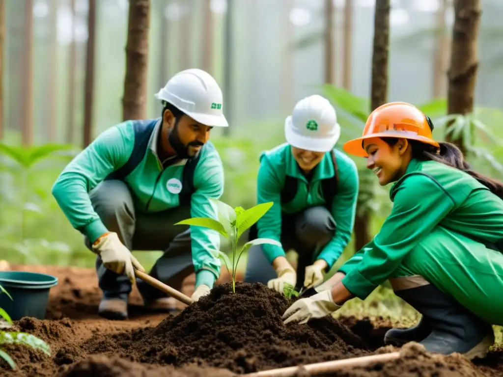 Un grupo de voluntarios de una ONG trabaja juntos para plantar árboles en un exuberante bosque