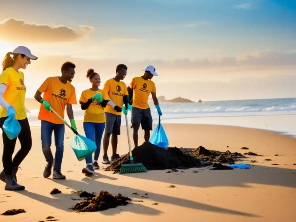 Un grupo de voluntarios de una ONG limpia una playa, mostrando su compromiso con la Responsabilidad Social Corporativa