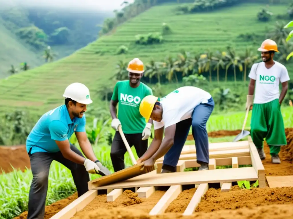 Un grupo de voluntarios de una ONG y miembros de la comunidad construyen viviendas sostenibles en un entorno natural