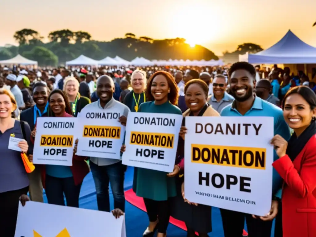 Un grupo de voluntarios de una ONG sonrientes, sosteniendo carteles de donación frente a una multitud