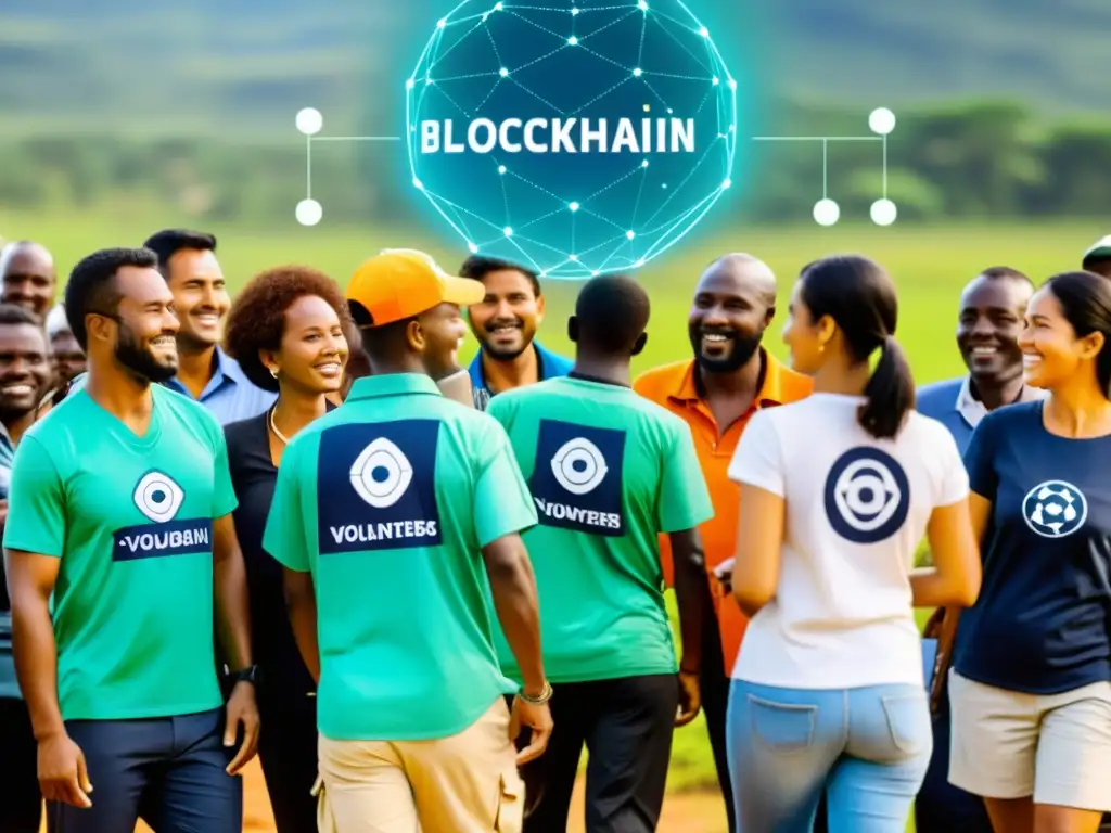 Un grupo de voluntarios de ONGs distribuye ayuda en un área remota, con tecnología Blockchain para garantizar la seguridad