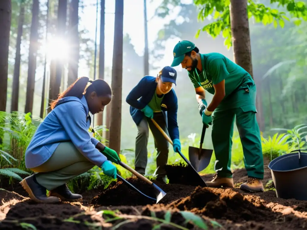 Grupo de voluntarios de diversas ONGs trabajan juntos en la densa forestación, creando una atmósfera de esperanza y conservación de bosques