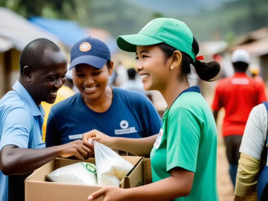 Grupo de voluntarios de ONGs distribuyendo suministros en comunidad afectada por desastre natural