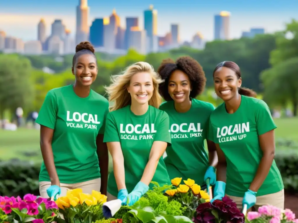 Un grupo de voluntarios limpiando un parque, usando camisetas con el logo de la organización