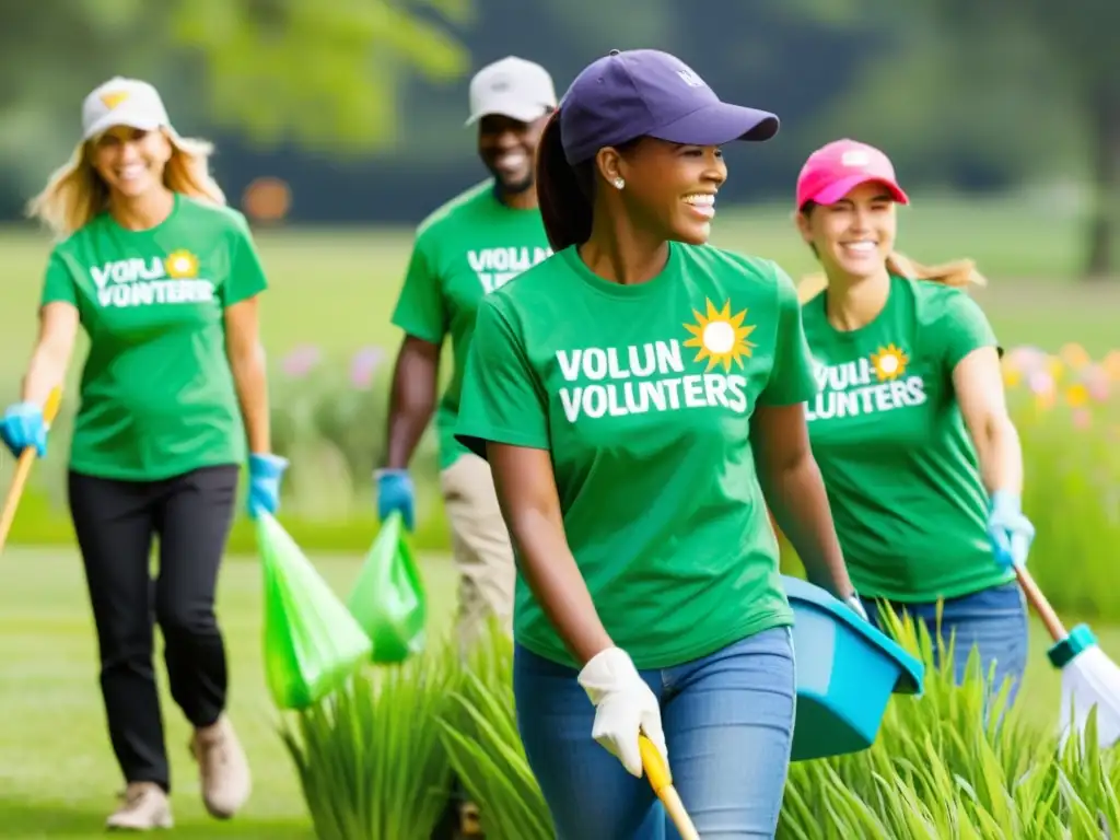 Grupo de voluntarios limpiando un parque con entusiasmo, resaltando la captación de voluntarios en ONGs