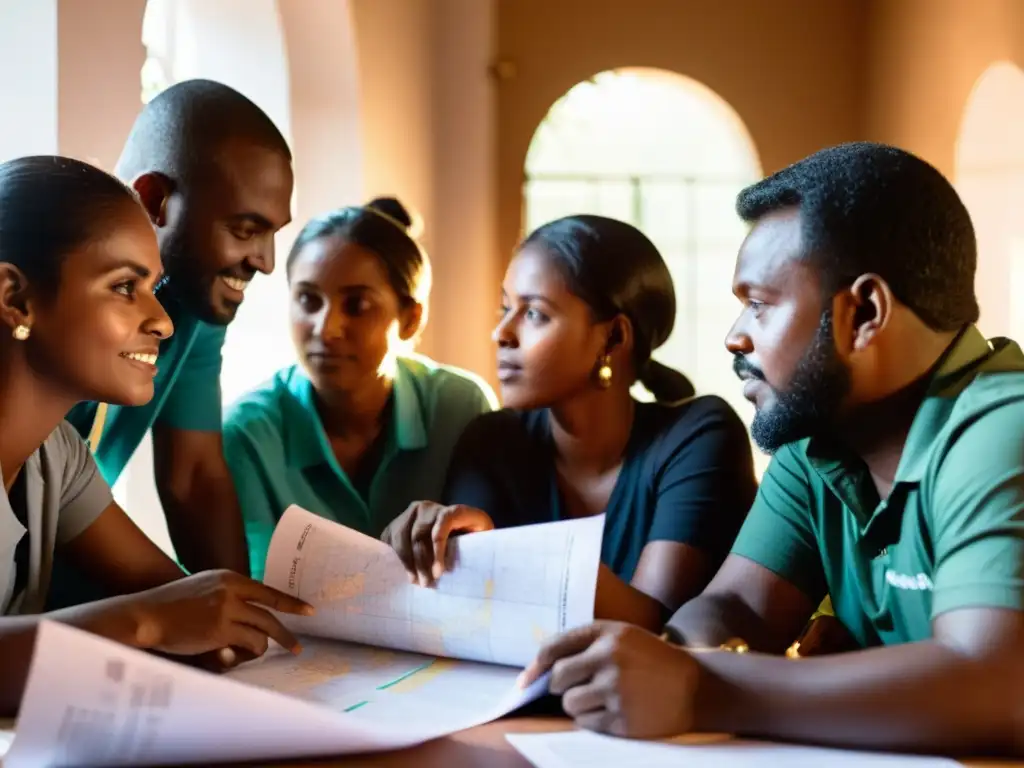 Grupo de voluntarios de ONG pequeña, colaborando con estrategias de recaudación de fondos, en una atmósfera de determinación y colaboración