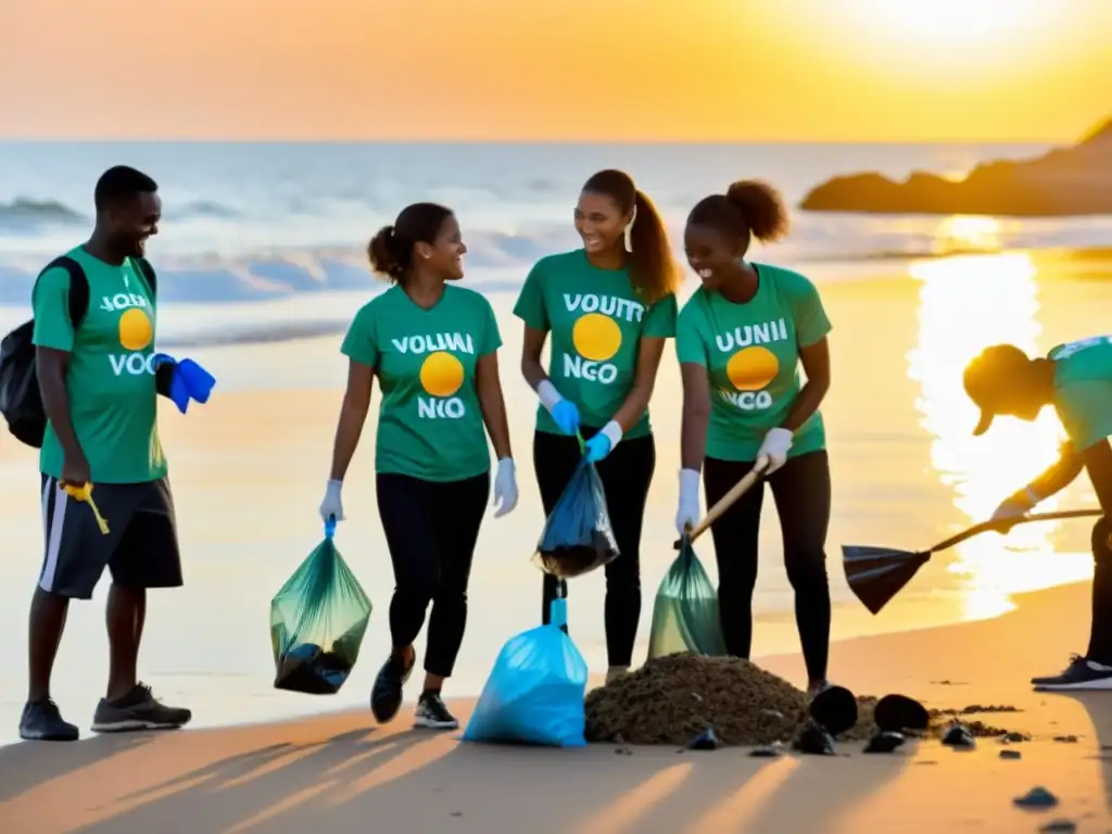 Grupo de voluntarios de una ONG limpiando la playa al atardecer, construyendo reputación online ONG con su labor comunitaria y ambiental