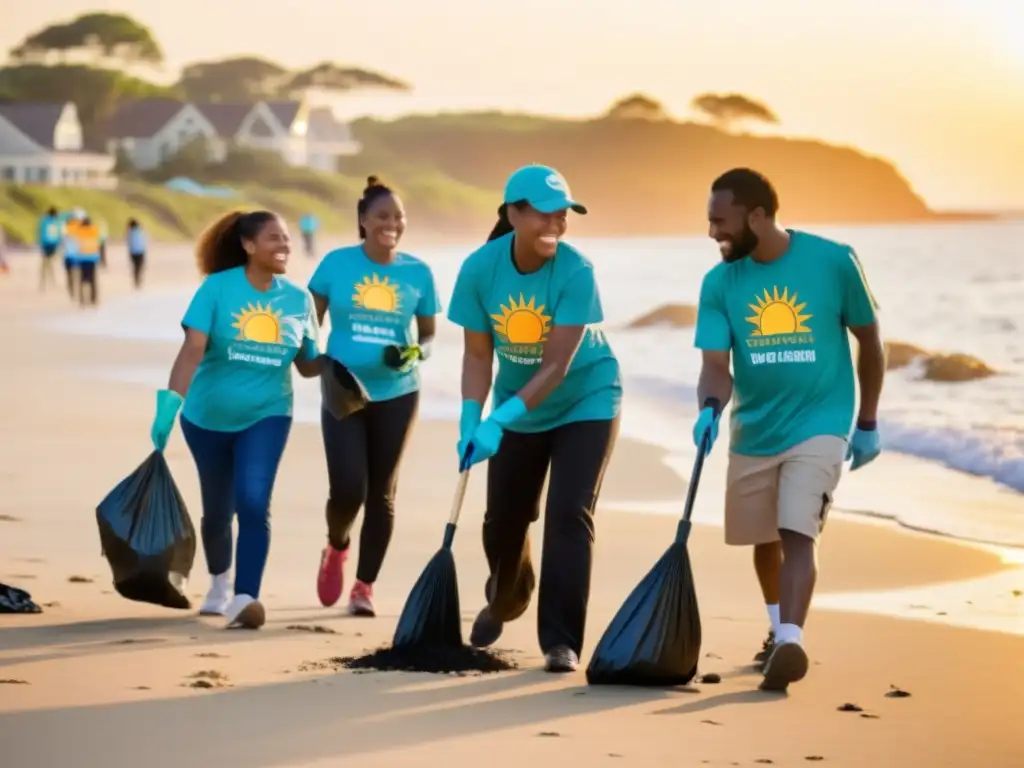 Grupo de voluntarios de una ONG limpiando la playa al atardecer, creando impacto positivo y visibilidad online ONG herramientas SEO