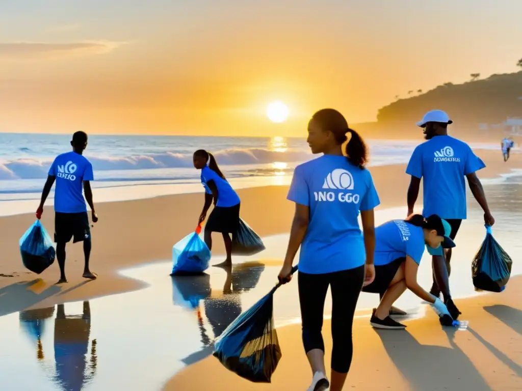 Grupo de voluntarios de una ONG limpiando la playa al atardecer, creando contenido de valor ONGs