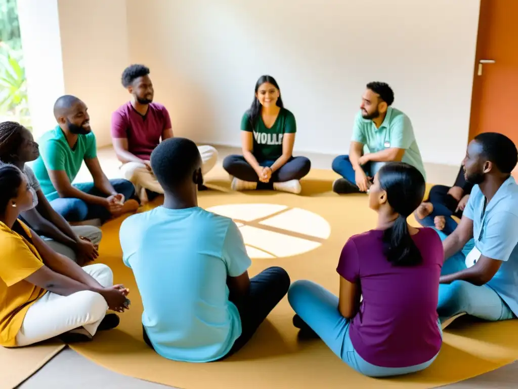 Grupo de voluntarios participando en programa de asistencia psicológica para ONG, con psicólogo facilitando sesión de apoyo