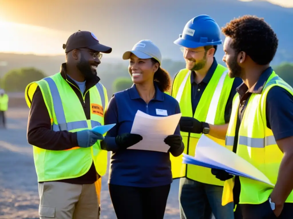 Un grupo de voluntarios discutiendo protocolos de seguridad antes de una limpieza comunitaria al atardecer