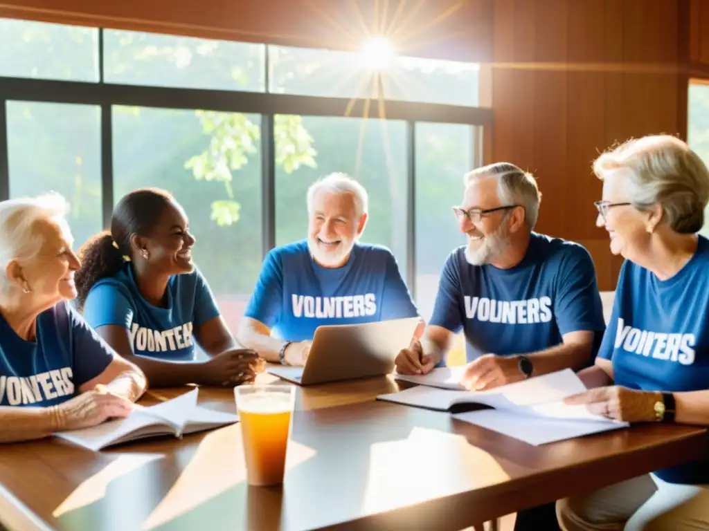 Grupo de voluntarios sénior en reunión, compartiendo experiencias y conocimientos, trabajando juntos en mejores prácticas gestión voluntarios sénior