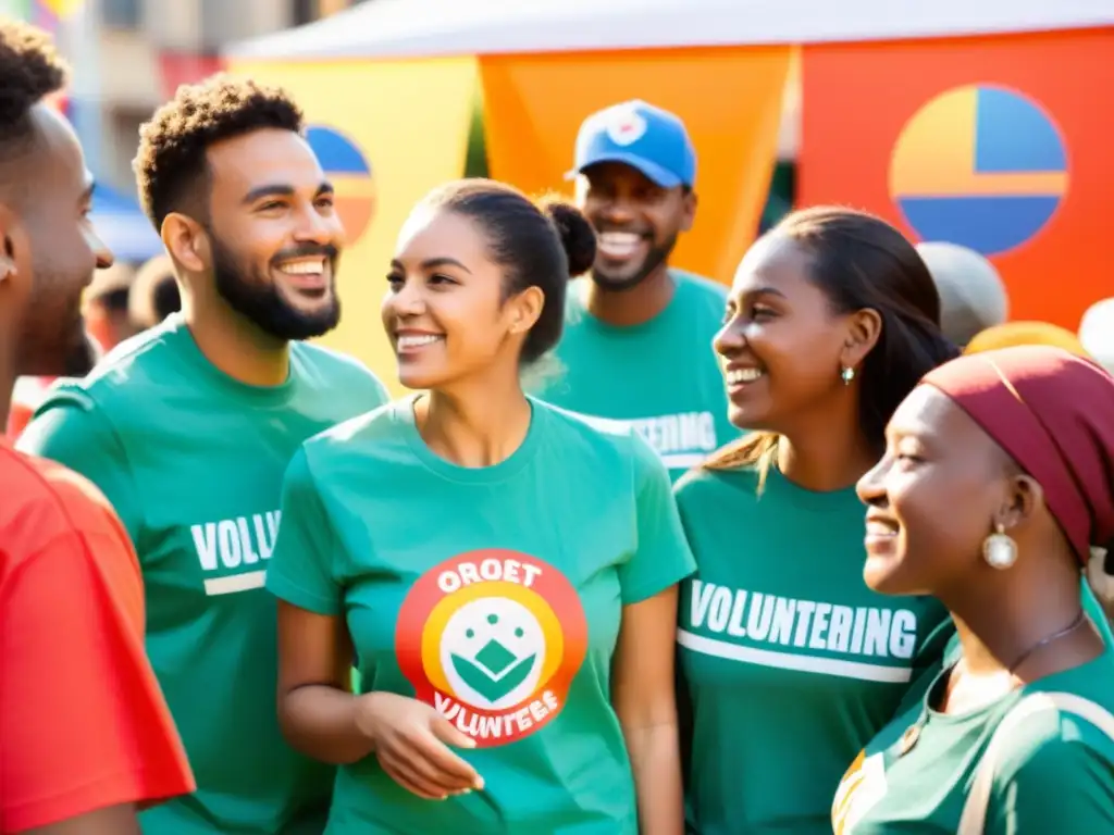 Un grupo de voluntarios diversos colabora, rodeados de banners coloridos, planificando proyectos comunitarios