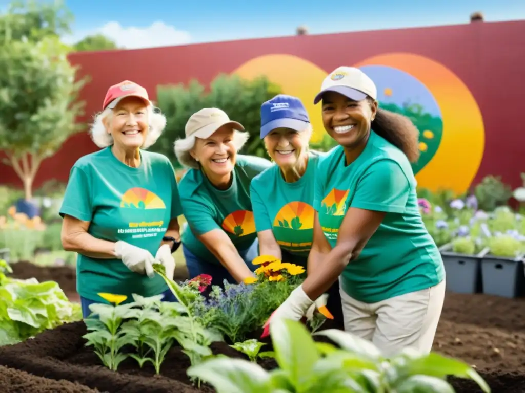 Un grupo de voluntarios sénior sonrientes trabaja en un jardín comunitario, rodeados de naturaleza y murales que representan la unidad y cooperación