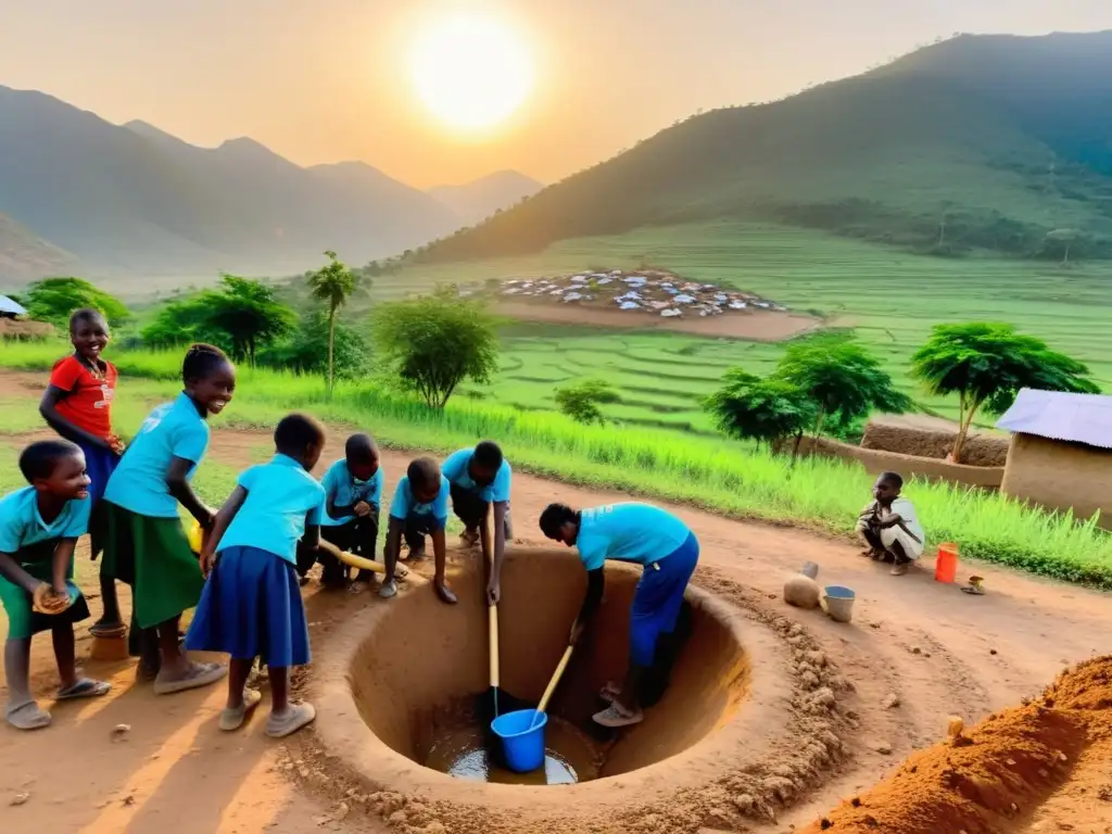 Un grupo de voluntarios construye un sistema de agua sostenible en una aldea remota, rodeados de niños