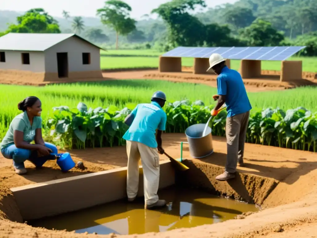 Un grupo de voluntarios construye un sistema de recolección de agua en una zona rural, destacando la colaboración y la adaptación al cambio climático