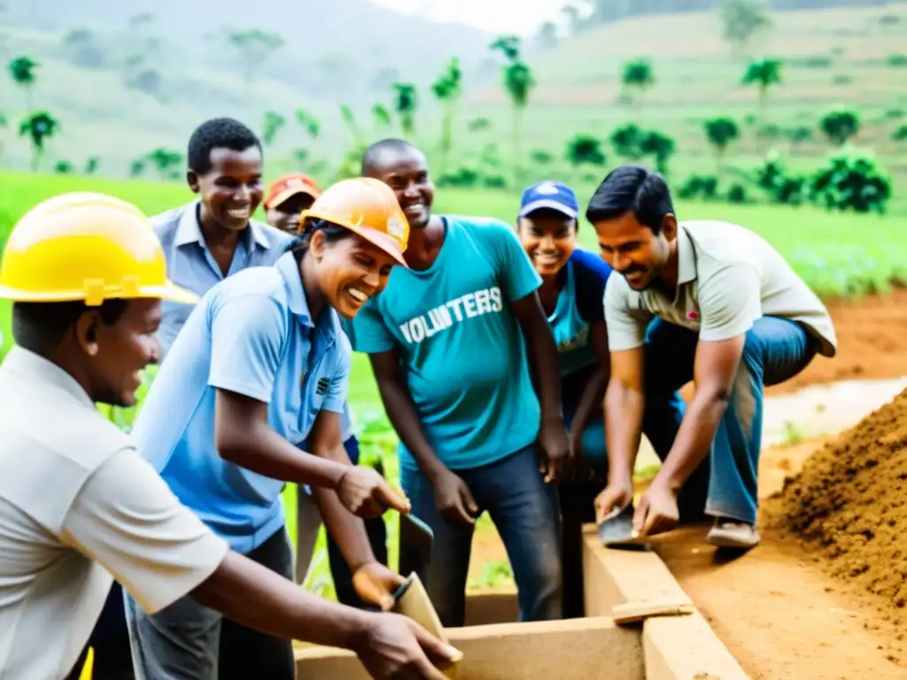 Un grupo de voluntarios de una ONG construyendo un sistema de agua sostenible en una comunidad rural, mostrando colaboración y determinación