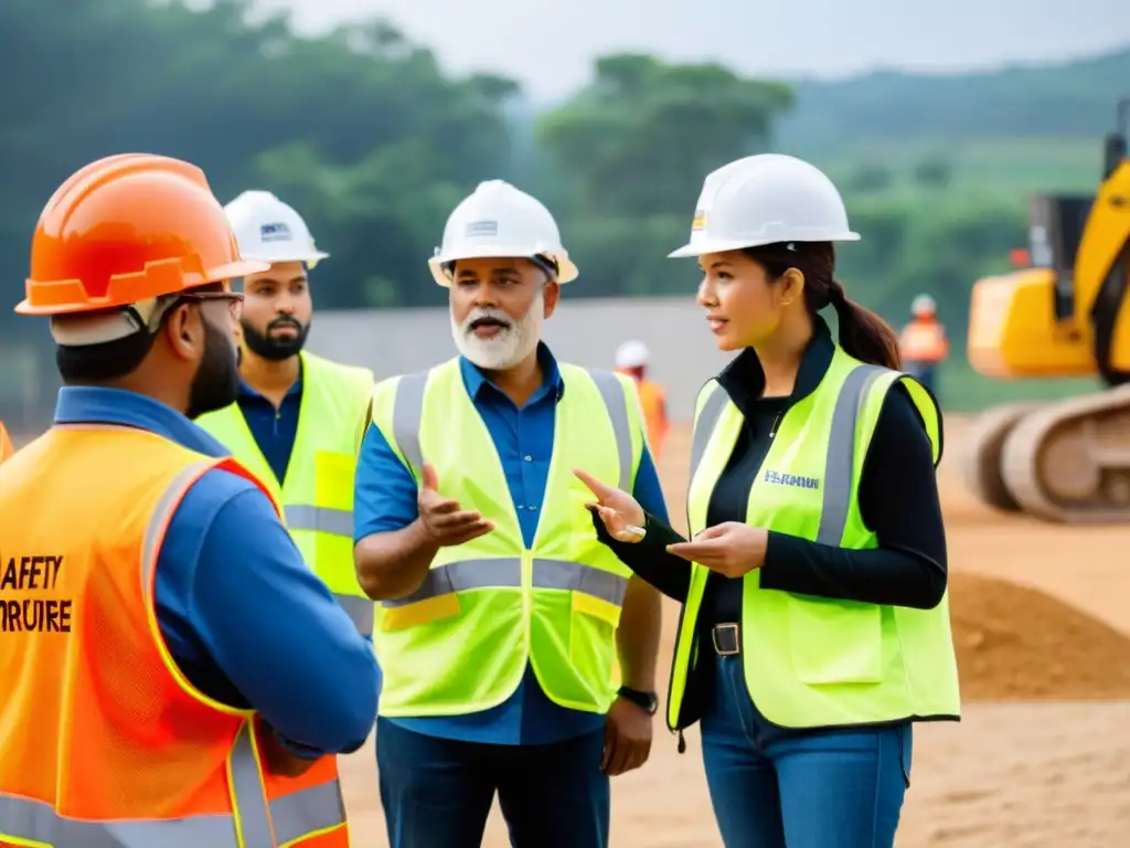 Un grupo de voluntarios en un sitio de construcción discuten protocolos de seguridad antes de empezar su trabajo voluntario para una ONG