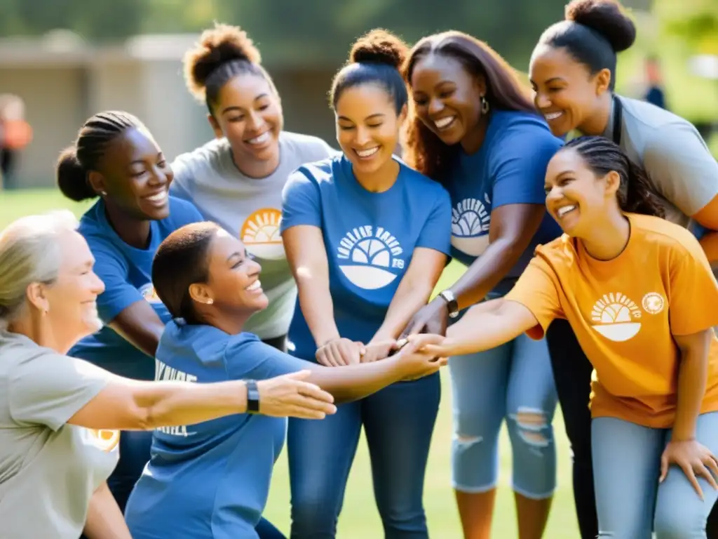 Un grupo de voluntarios sonrientes participa en actividades al aire libre, con camisetas de la ONG