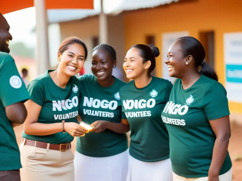 Un grupo de voluntarios sonrientes, con camisetas iguales, interactúan con la comunidad frente a un centro comunitario