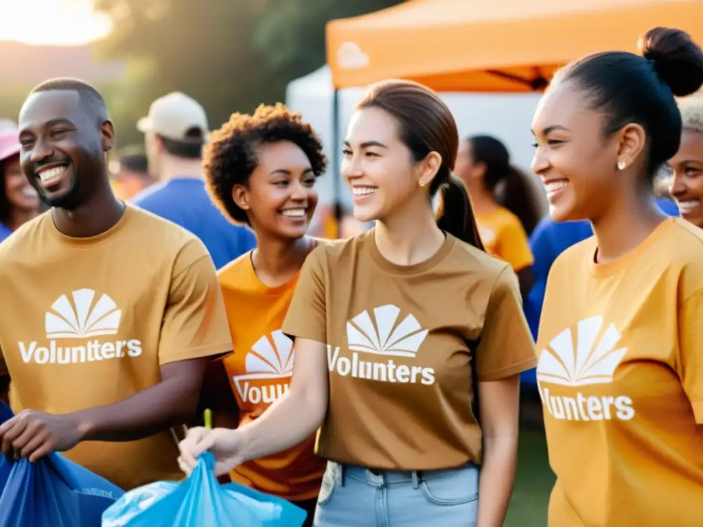 Un grupo de voluntarios sonrientes, con camisetas de una ONG, lideran una limpieza comunitaria al atardecer