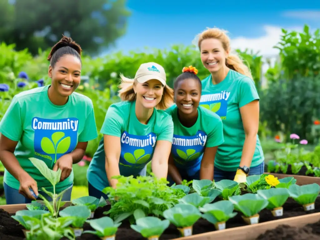 Un grupo de voluntarios sonrientes trabaja en un jardín comunitario, rodeado de plantas verdes y flores coloridas bajo un cielo azul brillante