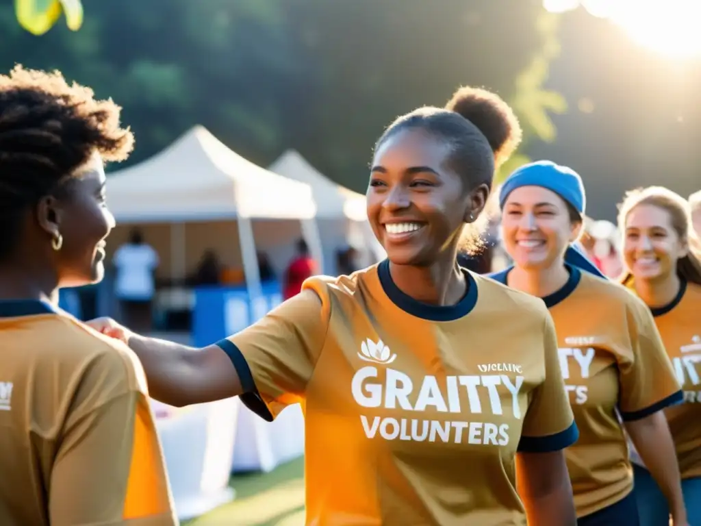 Un grupo de voluntarios sonrientes en un evento benéfico, repartiendo suministros al atardecer, generando ingresos para ONGs