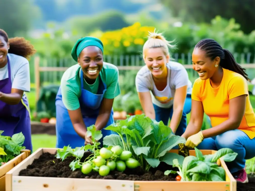 Un grupo de voluntarios sonrientes en un huerto comunitario, trabajando juntos para plantar y cuidar frutas y verduras