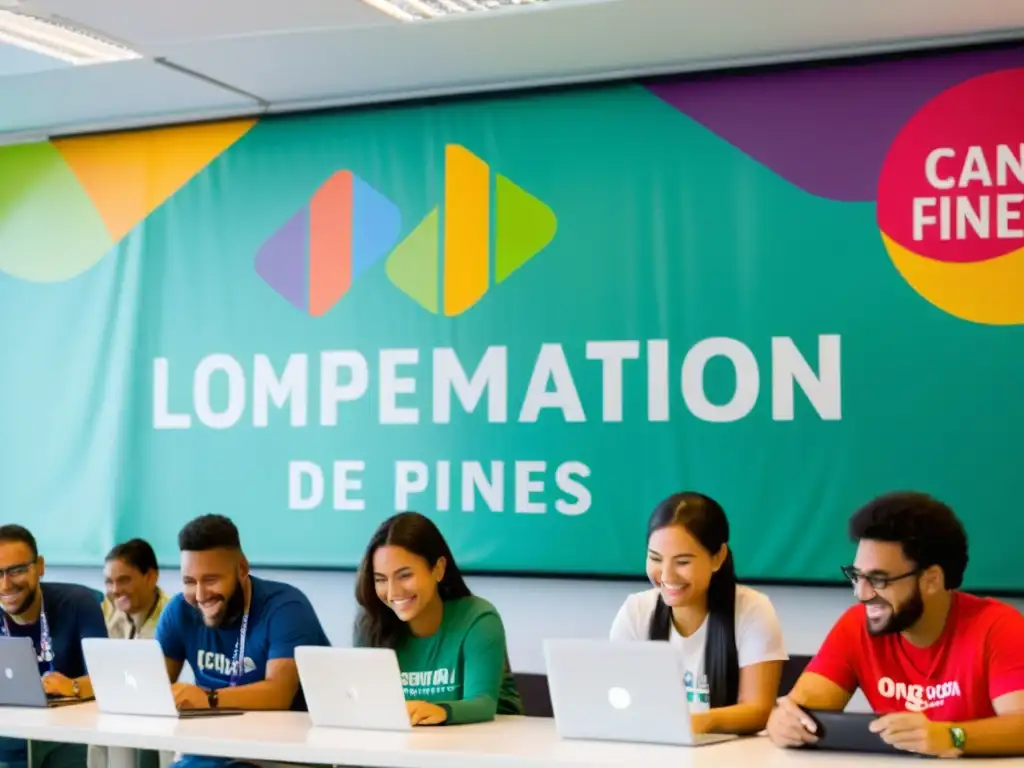 Un grupo de voluntarios sonrientes colaborando en una ONG, rodeados de gráficos coloridos y un banner con el logo de la organización