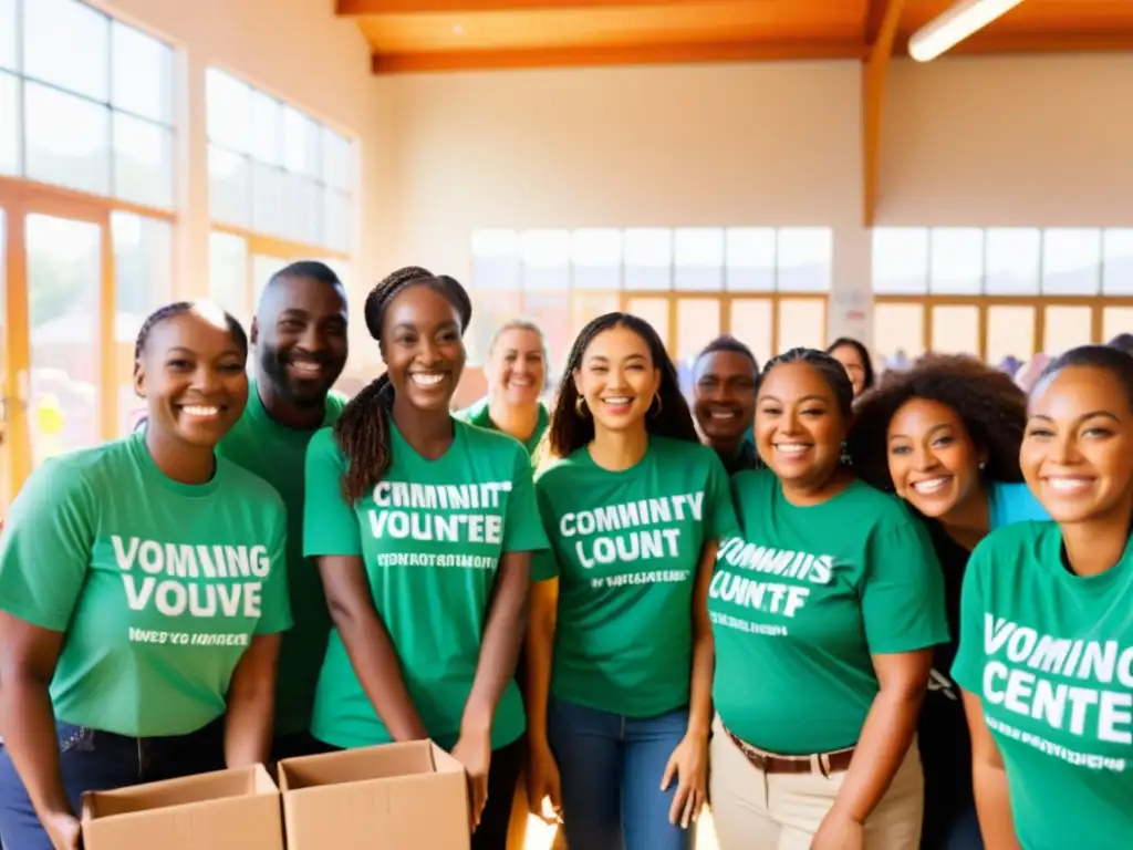 Un grupo de voluntarios sonrientes en una ONG, rodeados de donaciones y comunidad