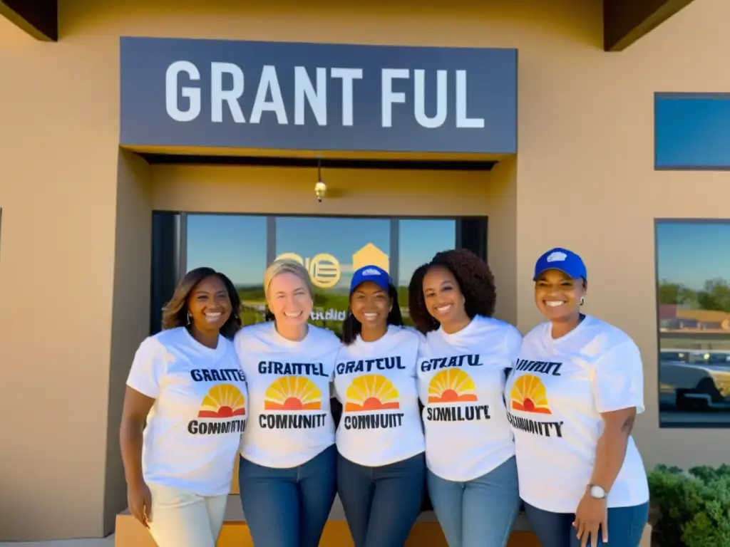 Un grupo de voluntarios sonrientes preparándose para distribuir paquetes de ayuda frente a la ONG al atardecer, transmitiendo calidez y solidaridad