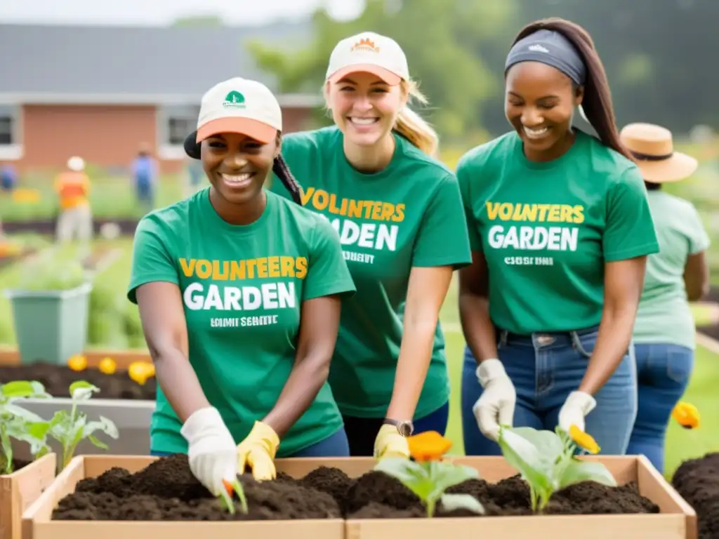Construyendo un Jardín Sostenible: Voluntarios unidos en acción Un grupo de voluntarios trabaja en un jardín sostenible en un centro comunitario