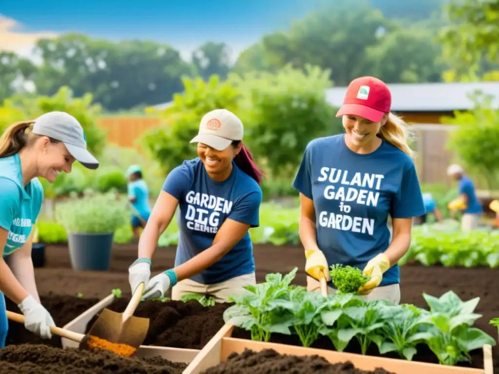 Un grupo de voluntarios construye un jardín sostenible en un centro comunitario, mostrando el impacto del trabajo voluntario en ONGs