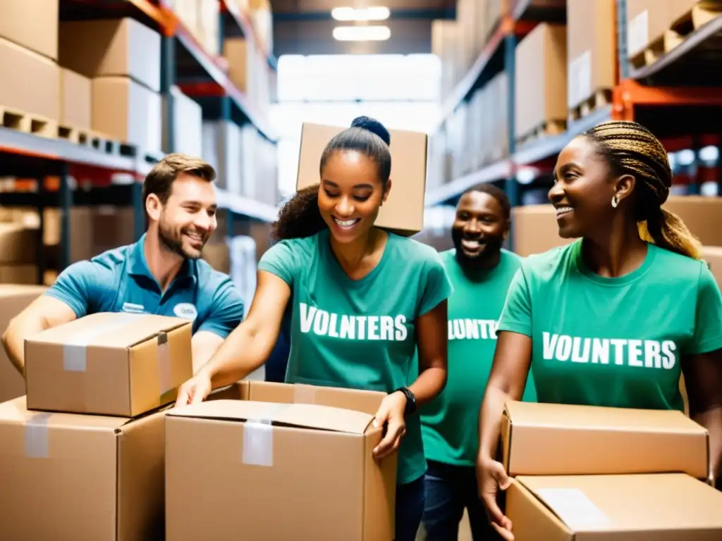 Un grupo de voluntarios organizando y empacando suministros donados en un almacén para distribución a necesitados