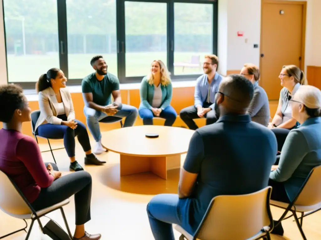 Un grupo de voluntarios diversos participa animadamente en un taller de comunicación efectiva en un centro comunitario