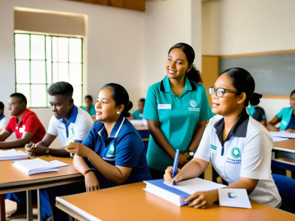 Grupo de voluntarios y trabajadores de ONG participando en capacitación práctica, ambiente colaborativo y determinado