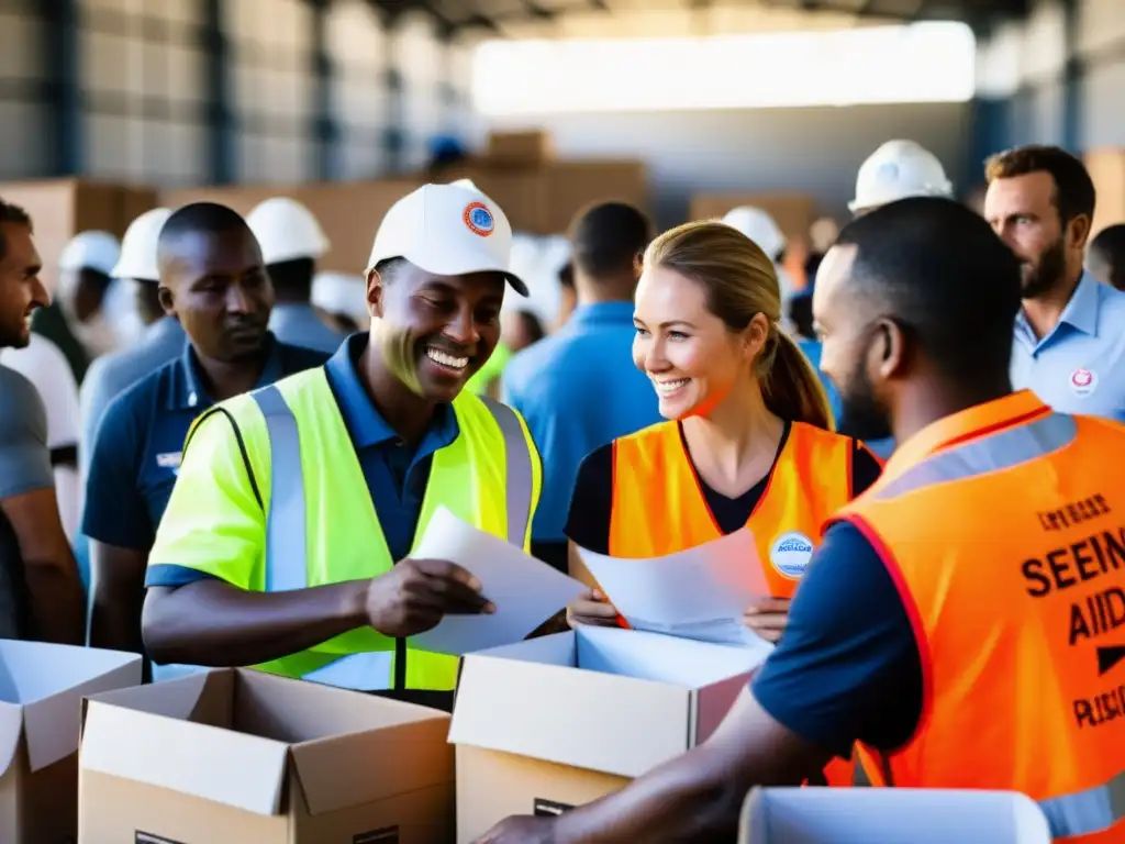 Colaboración humanitaria: voluntarios dedicados en acción Un grupo de voluntarios y trabajadores colaboran con eficiencia y determinación en un centro de distribución de ayuda humanitaria