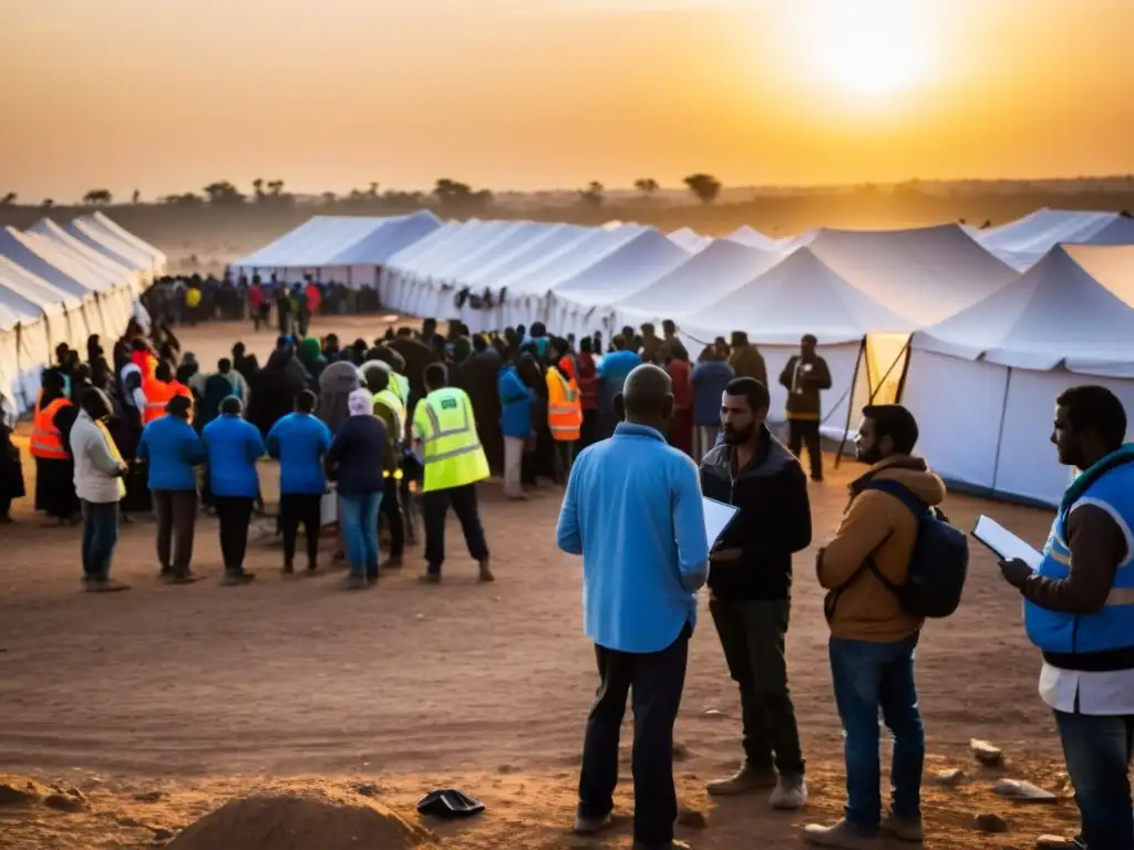 Un grupo de voluntarios y trabajadores humanitarios colaboran con la comunidad en un campamento de refugiados al atardecer