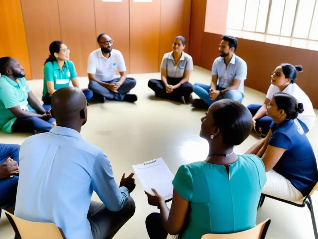 Grupo de voluntarios y trabajadores de ONGs participando en capacitación con enfoque en medición de impacto, en un ambiente colaborativo y positivo