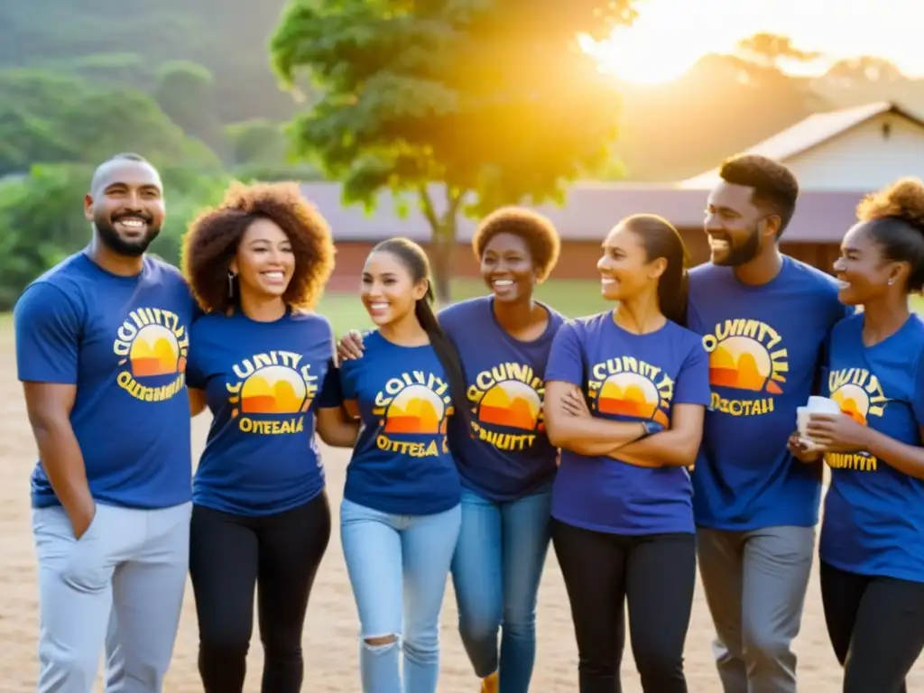 Un grupo de voluntarios unidos en un círculo, mostrando determinación y unidad mientras se preparan para un evento comunitario al atardecer