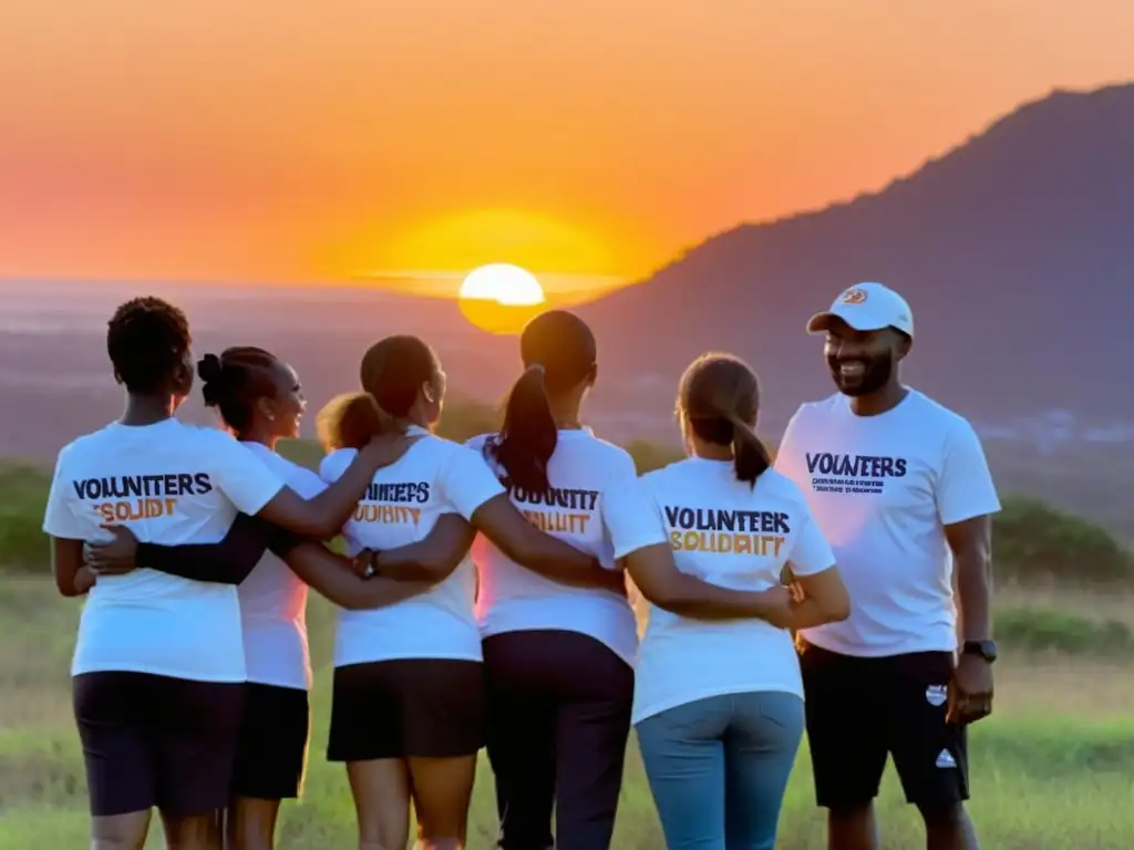 Un grupo de voluntarios unidos en círculo frente a un atardecer vibrante, mostrando determinación y resiliencia en su labor