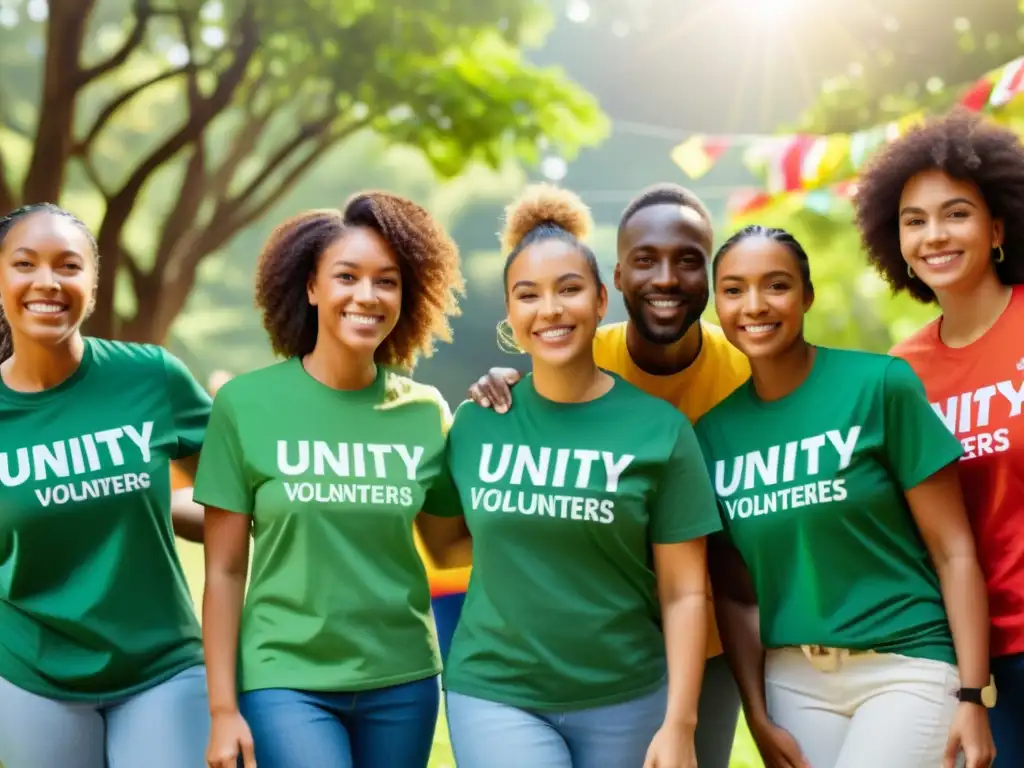 Grupo de voluntarios unidos en círculo, con camisetas iguales, limpiando en comunidad rodeados de naturaleza y mensajes positivos