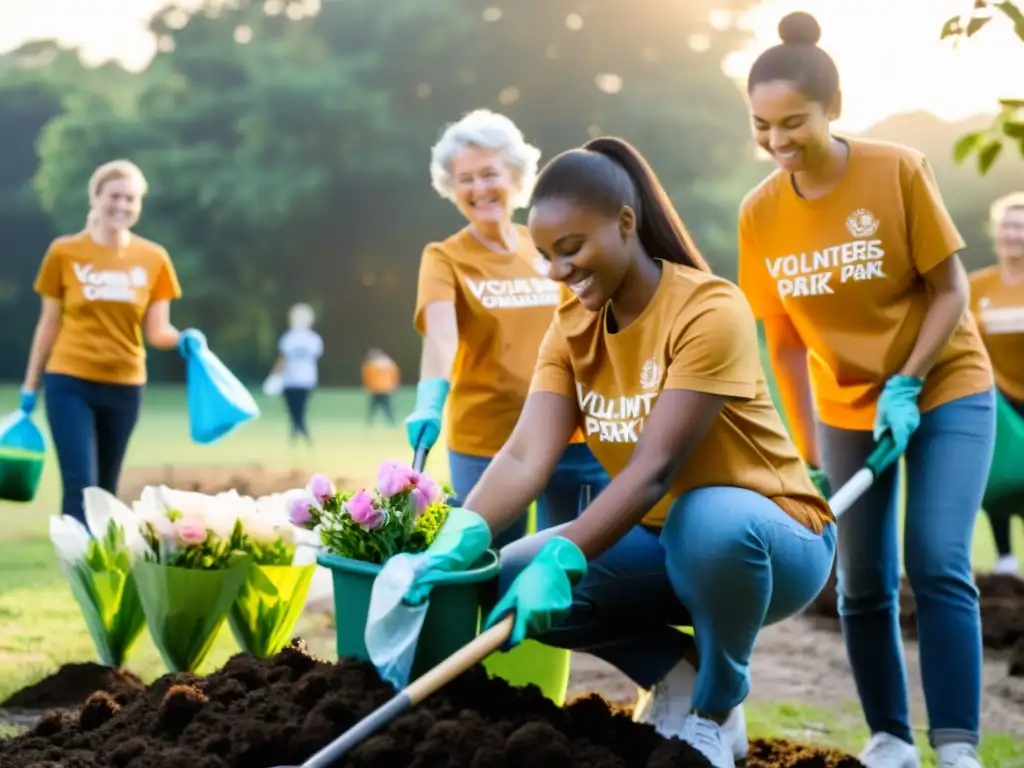 Un grupo de voluntarios, vestidos con camisetas a juego, limpian un parque al atardecer para medir el impacto de programas de voluntariado